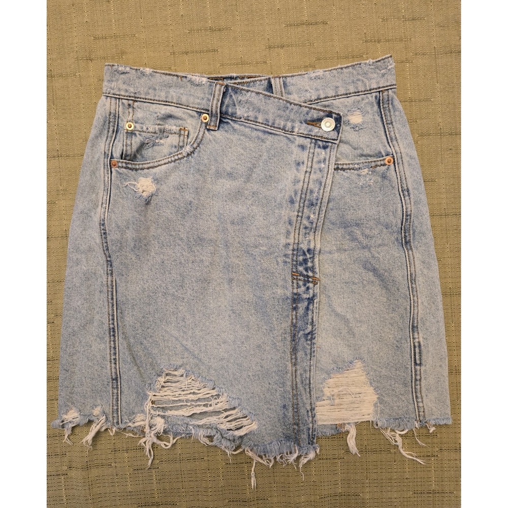 Free People We The Free Parker Wrap Denim‎ Mini Skirt Waist 27in Distressed EUC